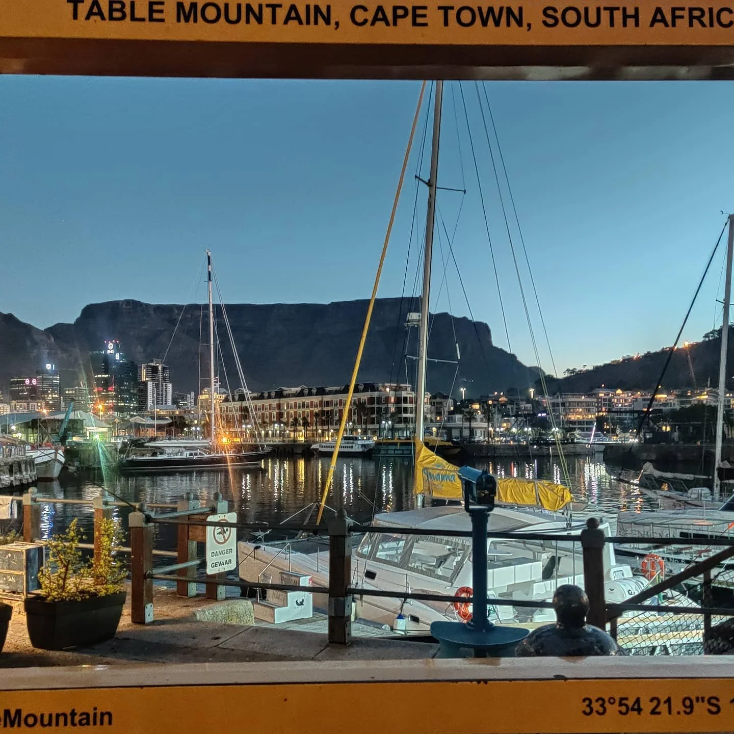 Table Mountain and the V&A waterfront at dusk, Cape Town