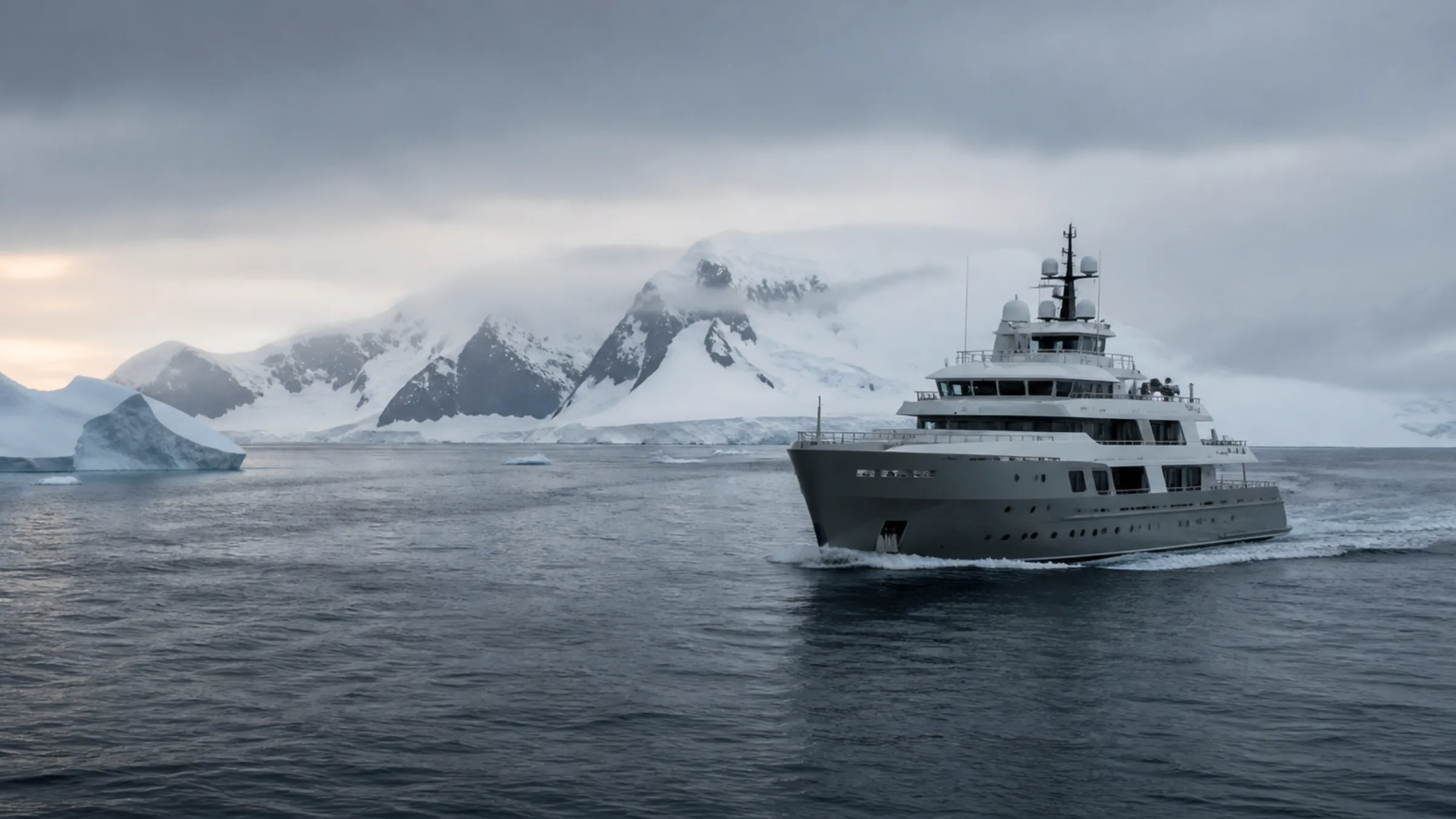 Explorer yacht following a clear lead through polar sea ice