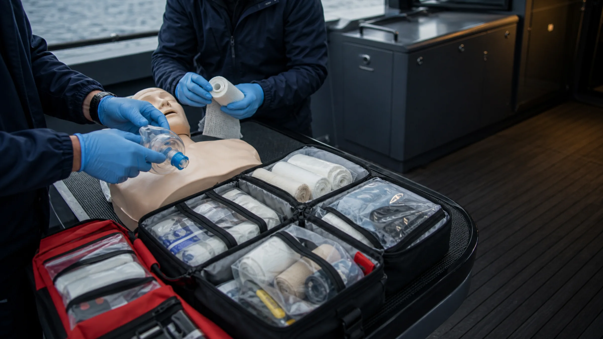 Onboard medical kit being checked during a readiness drill