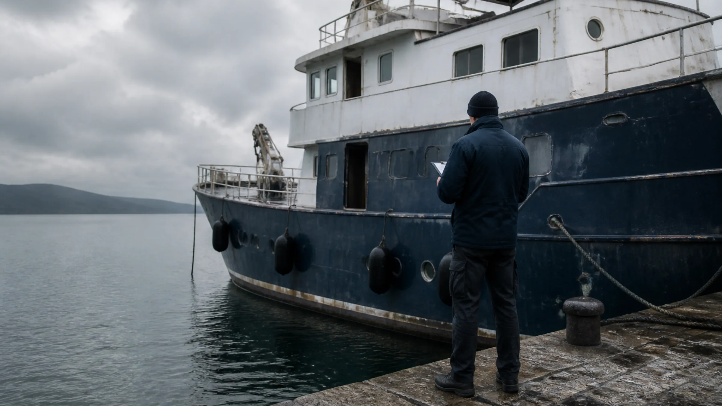 Surveyor examining a converted explorer yacht from the quay